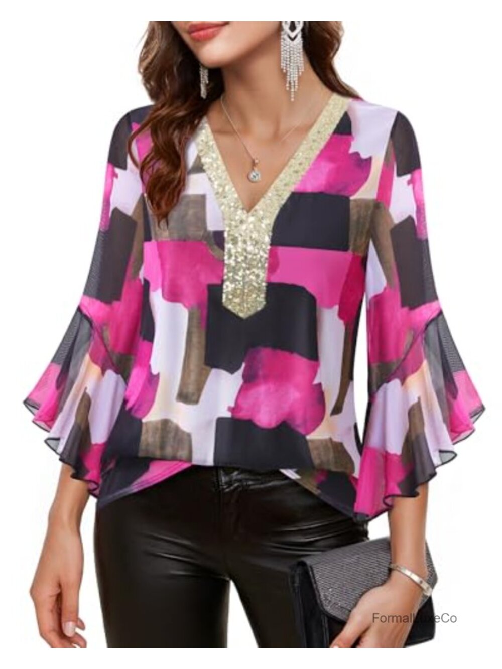 Women's Sequin V Neck 3/4 Ruffle Sleeve Sparkly Blouse Dressy Polyester Top